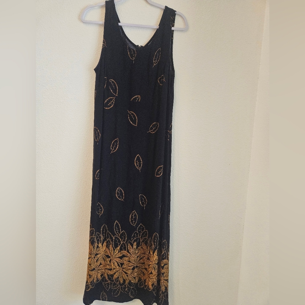 Sheri Martin Black Maxi Dress with Gold Leaf Design